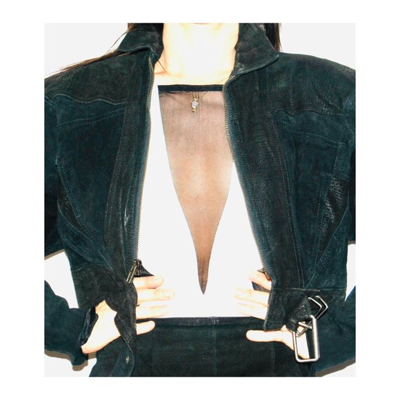 Black Leather & Suede Jacket + Skirt Set – Vintage 80’s Matching Two-Piece - Picture 11 of 14